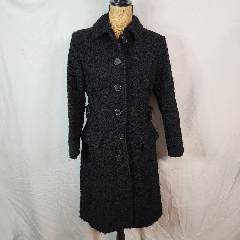 STATIC Size Medium Ukrainian Black Boucle‎ Wool Blend Mid Length Winter Coat EUC